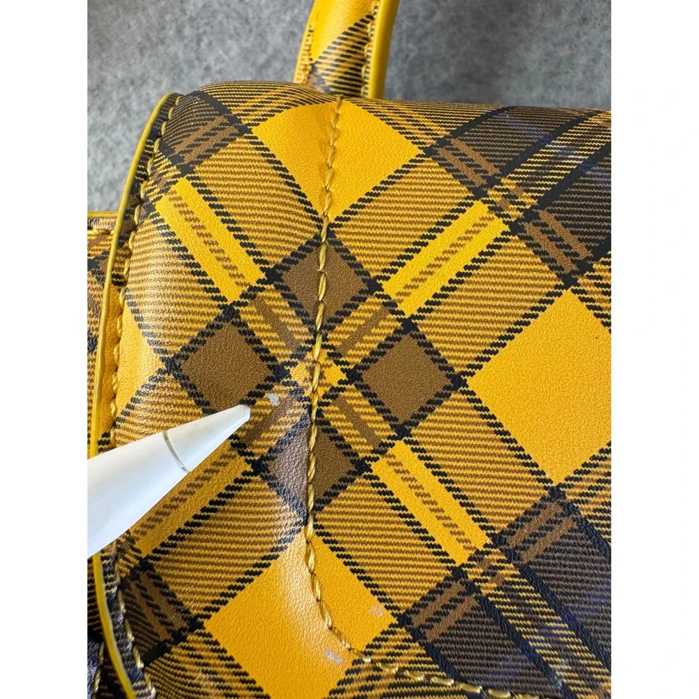 Yellow Plaid Crossbody Satchel Bag Gold Hardware Adjustable Strap Top Handle - Picture 4 of 16